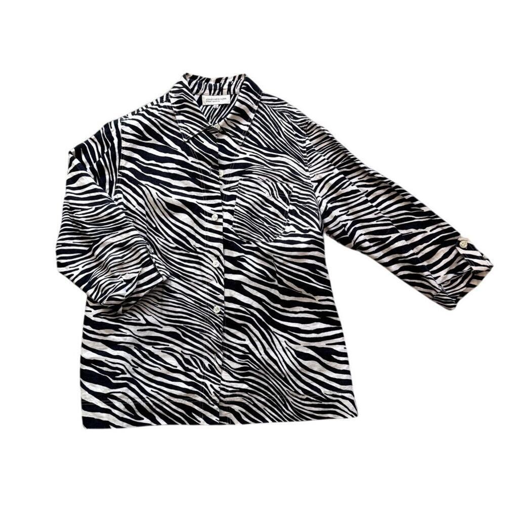 Jones New York Linen Zebra Print Women's Button Down 1X
